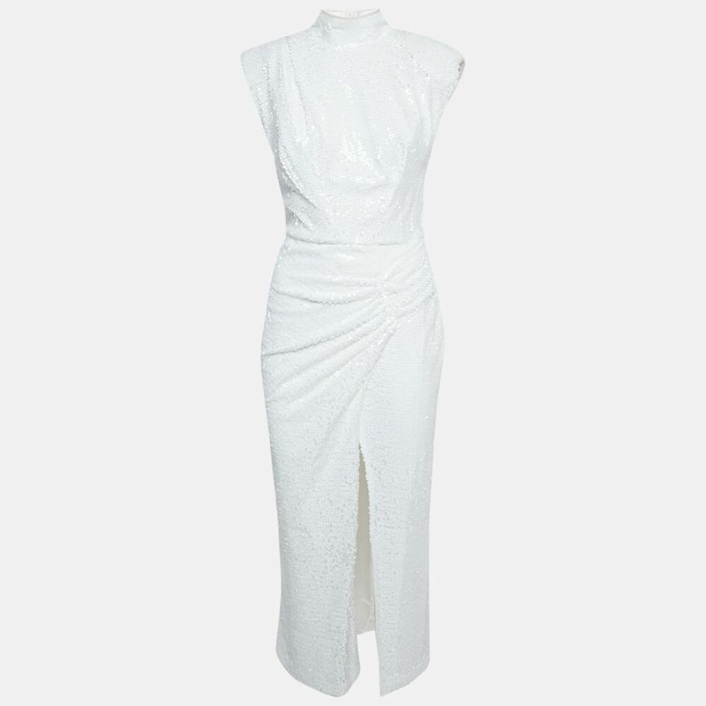 Itmfl White Sequin Draped Sleeveless Long Dress S